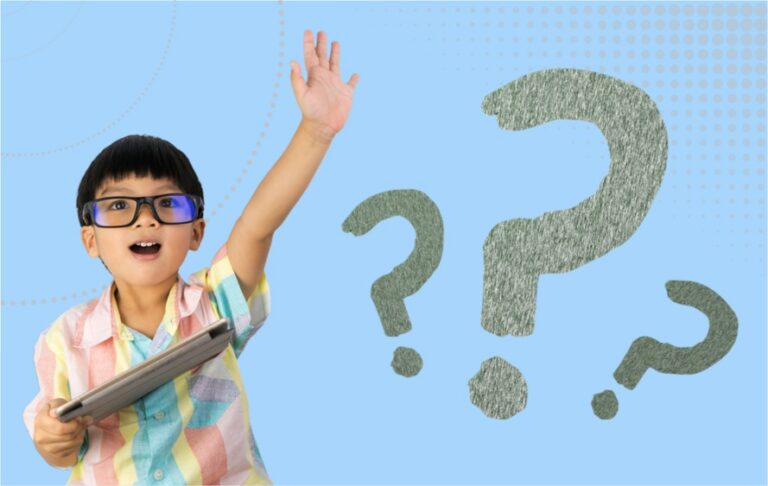 32 safeguarding questions - child with his hand up, tablet or games console in hand, and a bunch of question marks