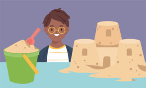 A graphic of a smiling child behind a table with a sandcastle and bucket on it