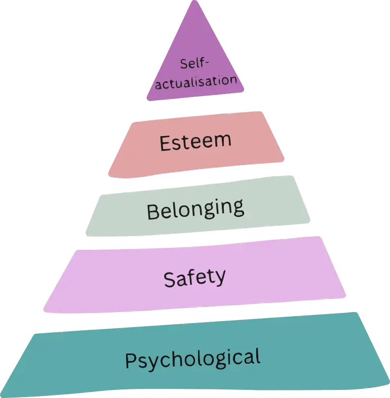 Maslows heirc=archy - a pyramid with psychological at the bottom, then safety, belonging, esteem and self-actualisation at the top