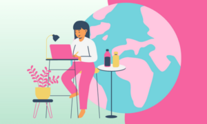 A graphic of a woman sat at a laptop on a high table with an imagined Earth behind her in pink and blue