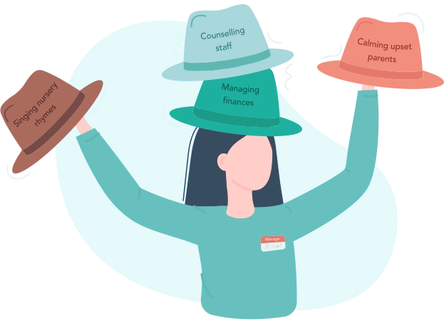 A graphic of a woman balancing multiple hats