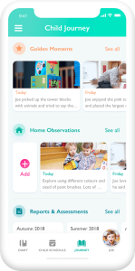 A phone and screen showing the Ovivio parent App page of learning journeys and golden moments