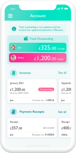 A mobile phone and screen showing invoicing information as seen on Ovivio Parent App