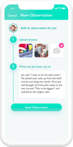 A phone and screen showing home observations on the Ovivio Parent App