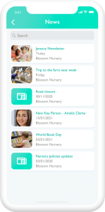A phone and screen showing newsletters on the Ovivio Parent App