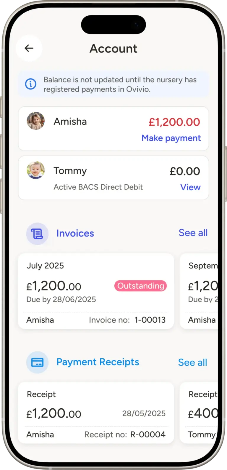 Ovivio Parent App phone Screen Account