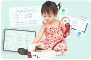 Ofsted Preparation call image - toddler using an old phone with ovivio imagery behind