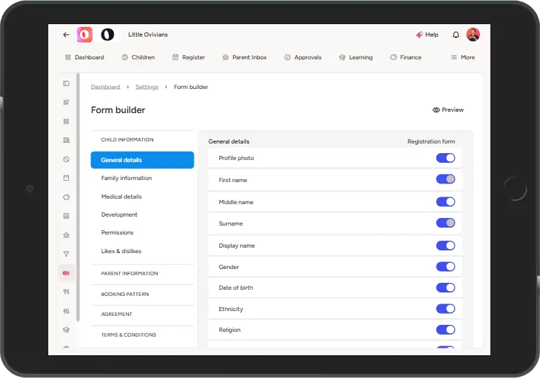 Ovivio's registration form feature show on an ipad