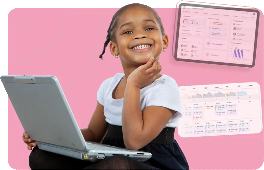 Ofsted Activities to expect image - a child with a laptop smiling with ovivio features screenshot in the background