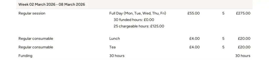 An Ovivio example invoice with a week's breakdown