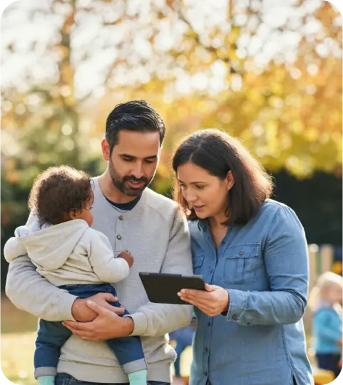Parents looking at a tablet while the dad holds a child