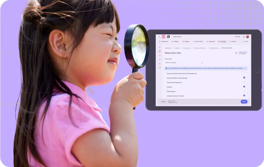 ofsted curriculum image - child with a magnifying glass held over their eye looking at Ovivio on a tablet