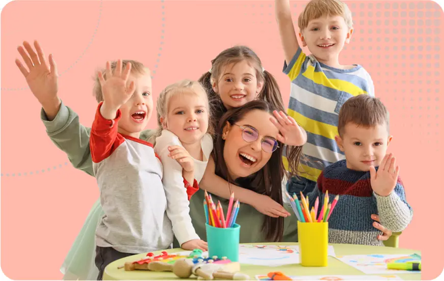 ofsted curriculum image - children and a childcare worker adult waving at the camera