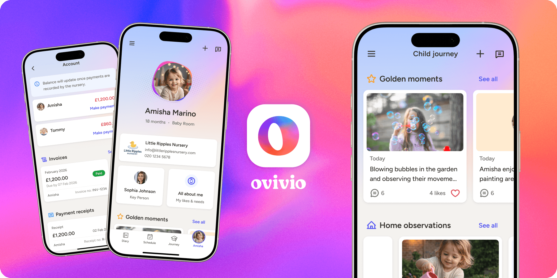 Three phones showing the Ovivio Parent app, with the Ovivio O in the centre. Phone 1 shows invoicing, phone 2 shows the home screen with an image of the child along with nursery and key worker information, and phone 3 shows golden moments and home observations