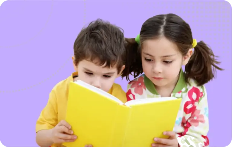 Two children reading a book, or pretending to given the book has a blank yellow cover