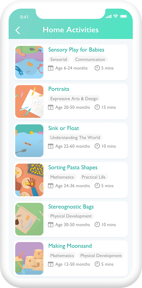 A phone with the parent app loaded onto it and a selection of 'home activities' like sensory play for babies and stereognostic bags