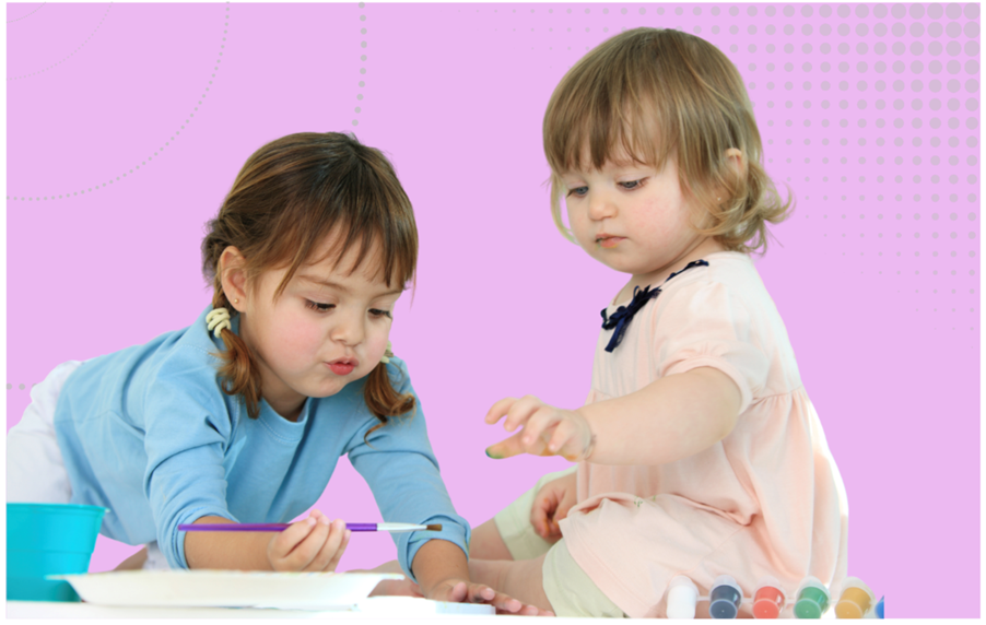 EYFS Behaviour attitudes establishing routines image - two children painting on the floor, without a tabard in sight