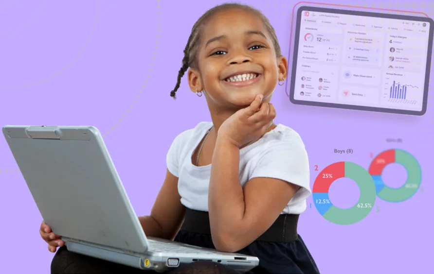 How Ofsted Inspects achievement image - A happy child with a laptop and some Ovivio screens behind