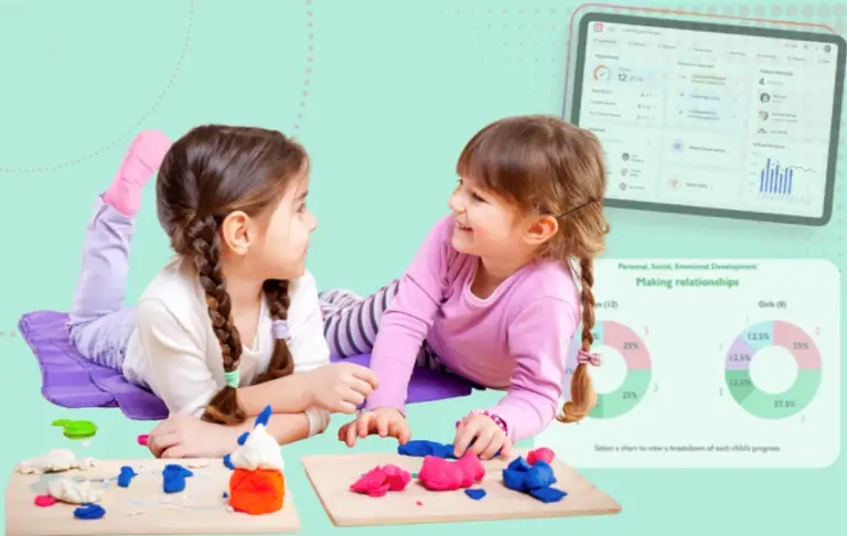 How Ofsted Inspects achievement image - Two children playing with playdoh with come Ovivio screeenshots behind