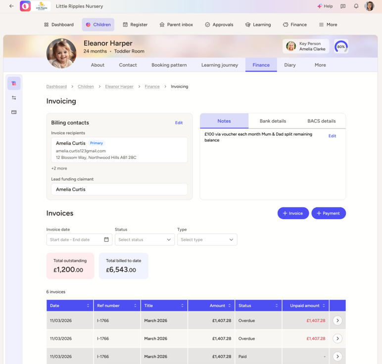 A screenshot of the updated Ovivio Child Contact Finance Contact Page