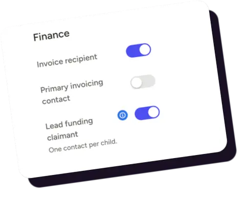 Screenshot of Ovivio New Child Contact Finance Toggles