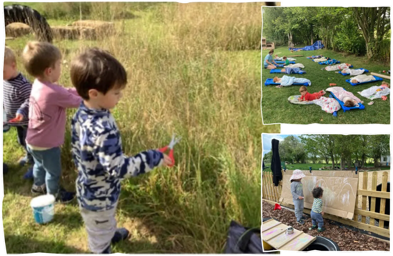 The Pheasant Nest Exceptional Inclusion Image - Children cutting grass with scissors, napping outdoors and writing